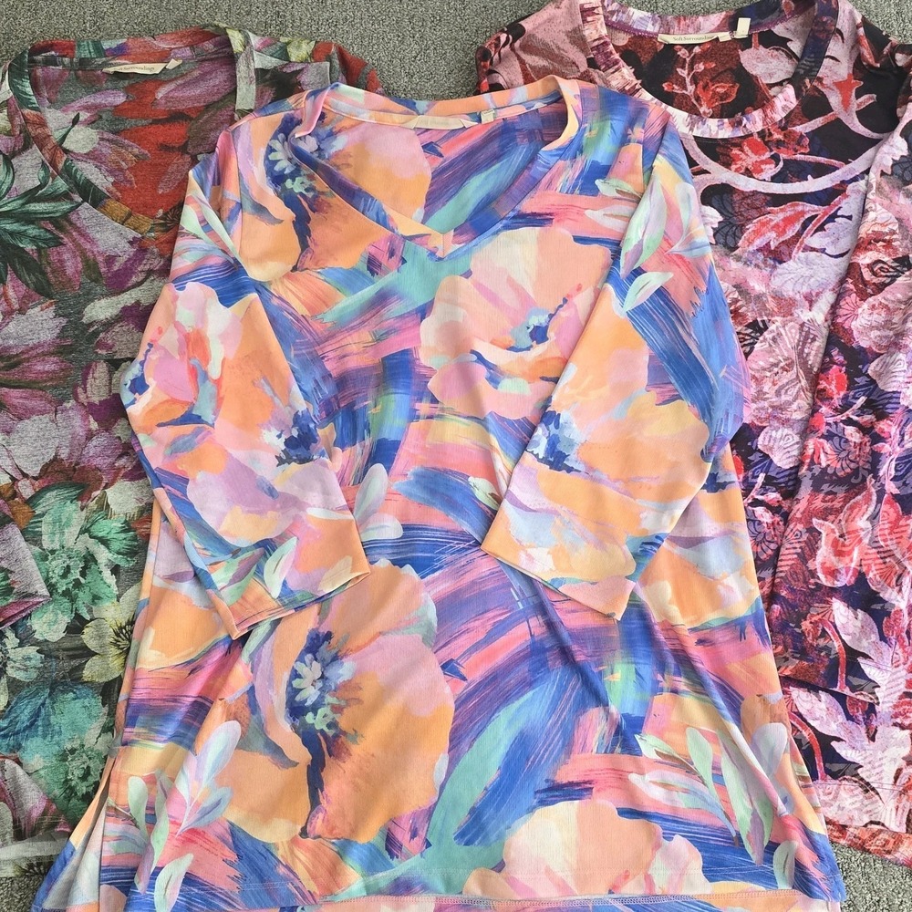 Soft Surroundings Abstract Floral Print 3/4 Sleeve V-Neck Tunic Top XL Lot of 3